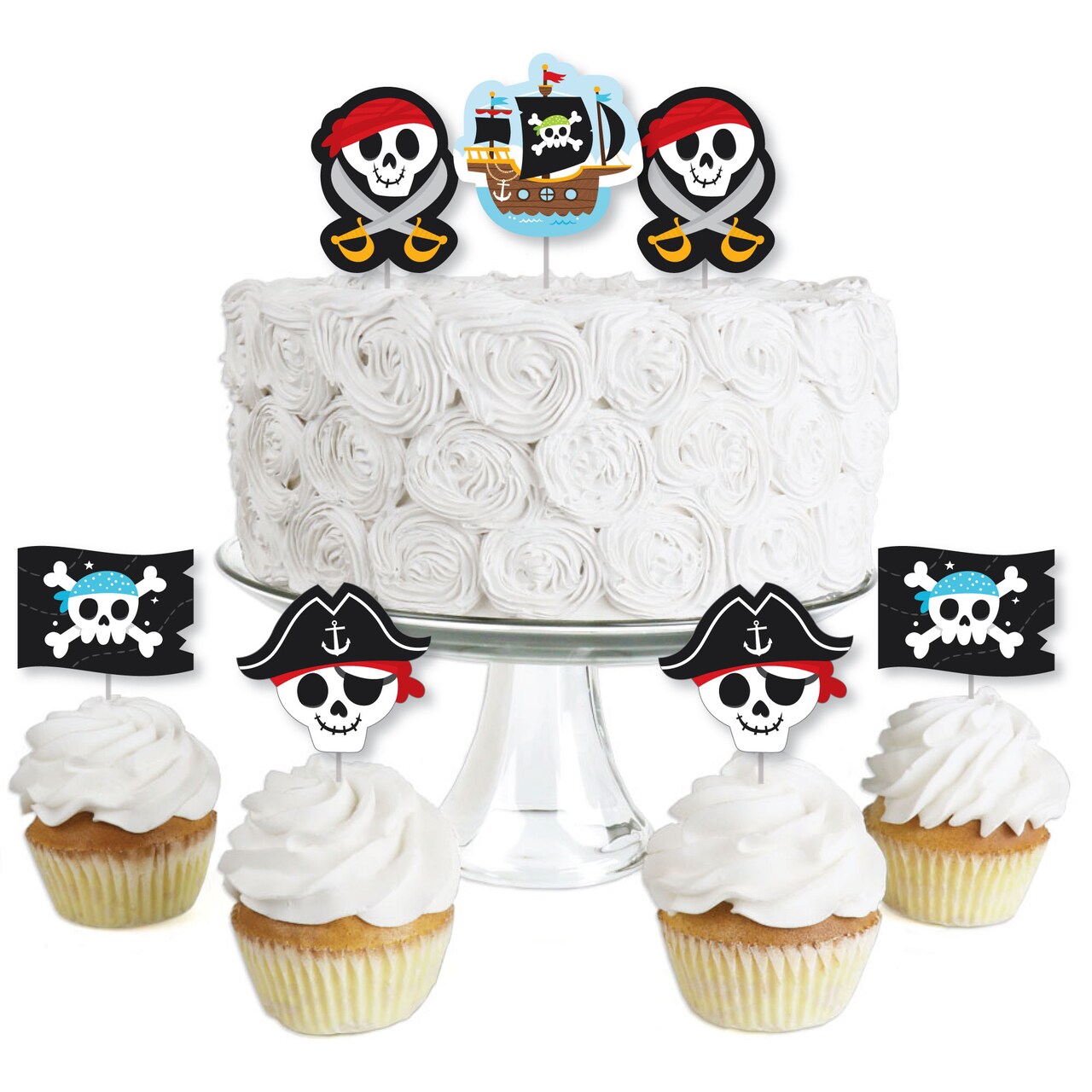 Big Dot of Happiness Pirate Ship Adventures - Dessert Cupcake Toppers - Skull Birthday Party Clear Treat Picks - Set of 24